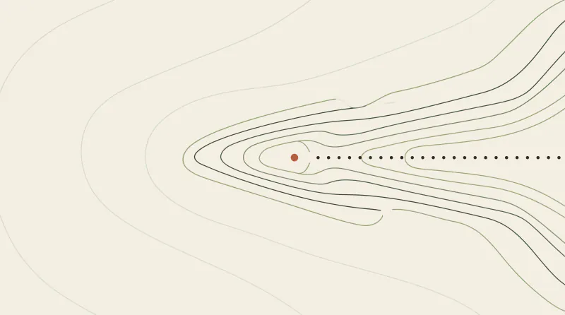 Topographic map graphic with a straight dotted path leading out along a headland to a terracotta point, the EU AI Act deadlines that apply now