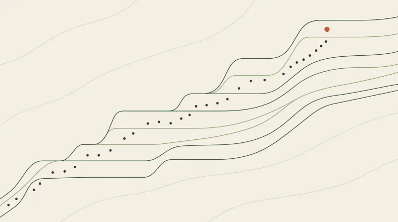 Topographic map graphic with terraces and a dotted path climbing step by step to a terracotta goal, guide to the EU AI Act for businesses