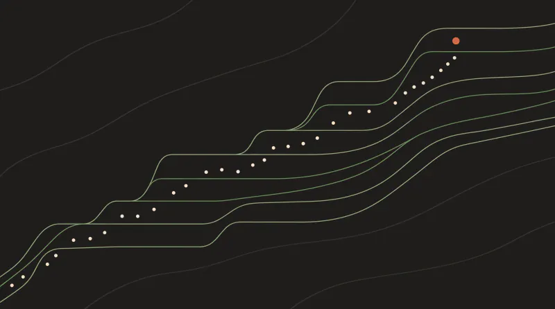Topographic map graphic with terraces and a dotted path climbing step by step to a terracotta goal, guide to the EU AI Act for businesses