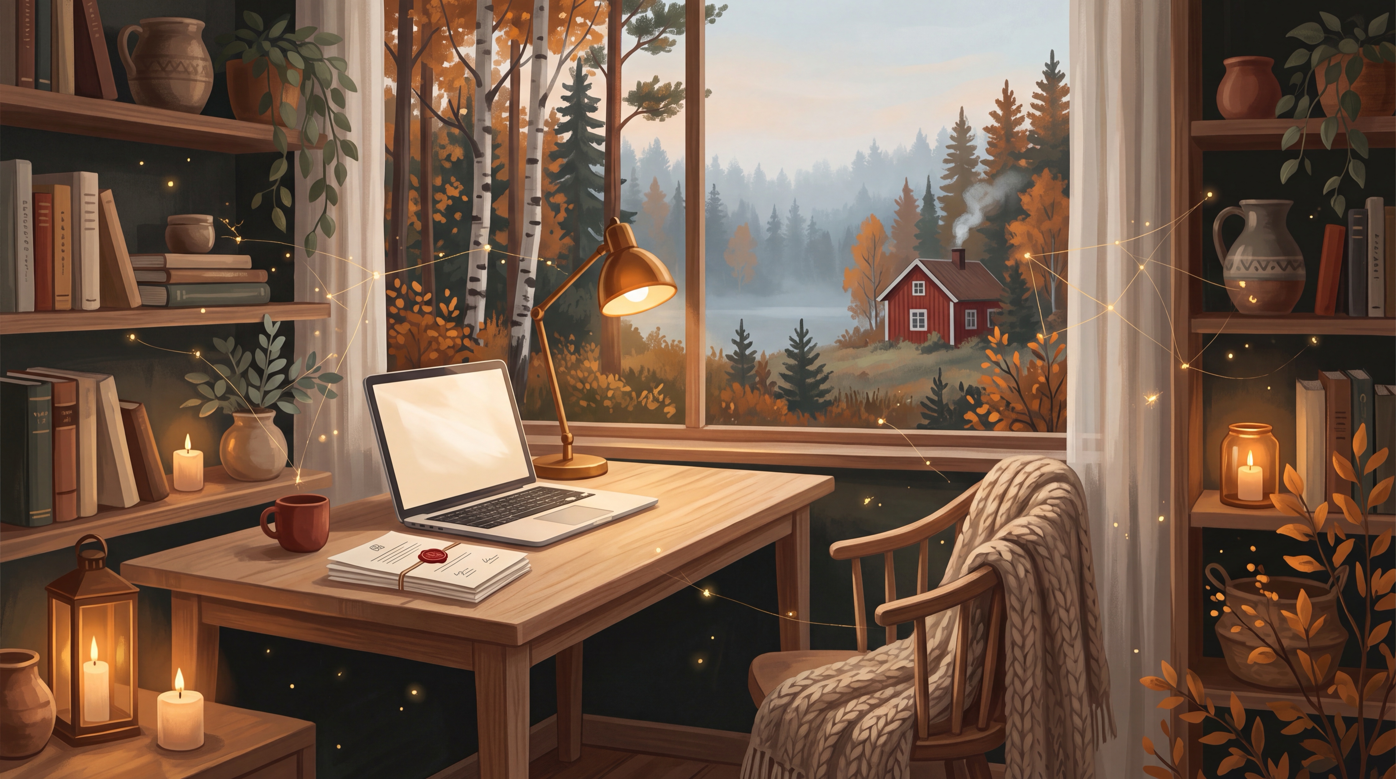 Painterly study by a window at dusk with a laptop, a lantern and a notebook, illustrating the EU AI Act deadline checklist for European companies