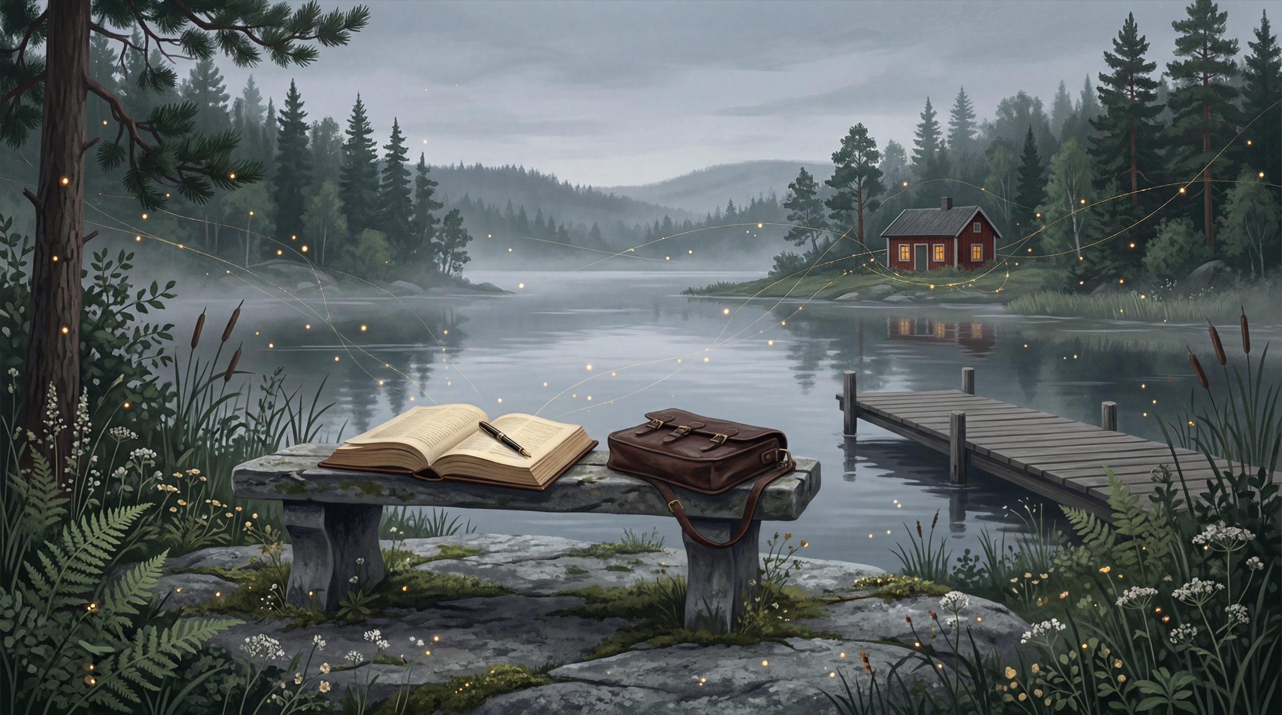 Painterly lakeside scene at dusk with an open book and a leather briefcase on a stone bench beside a wooden jetty, illustrating the EU AI Act deadlines for European businesses