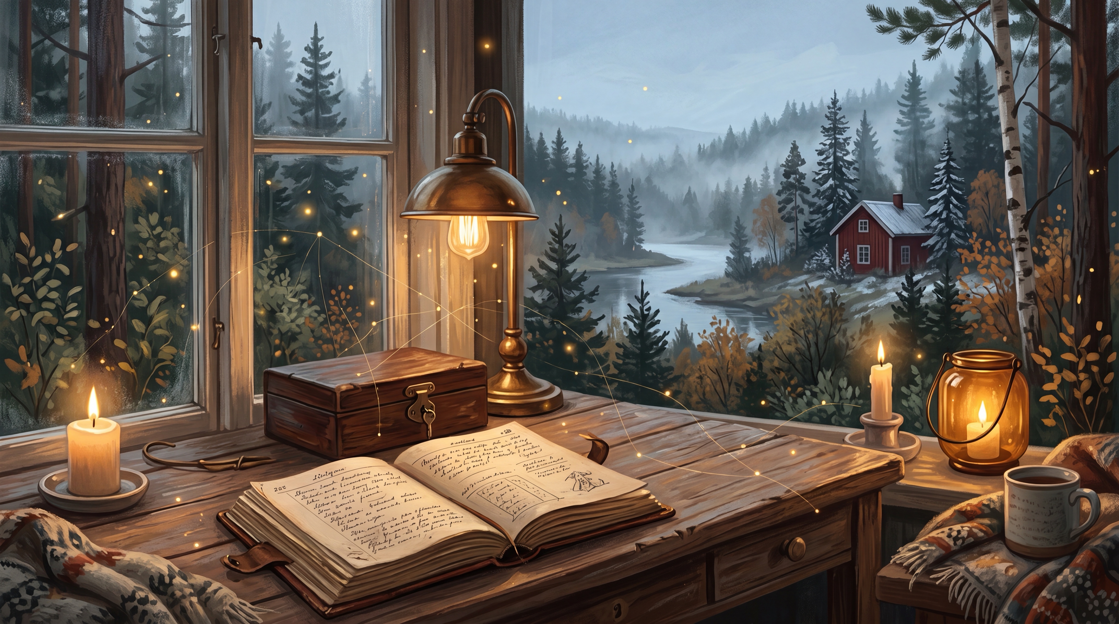 Painterly desk by a window with an open notebook, a brass lamp and candles, looking out over a misty river valley, illustrating GDPR and American AI tools for European businesses