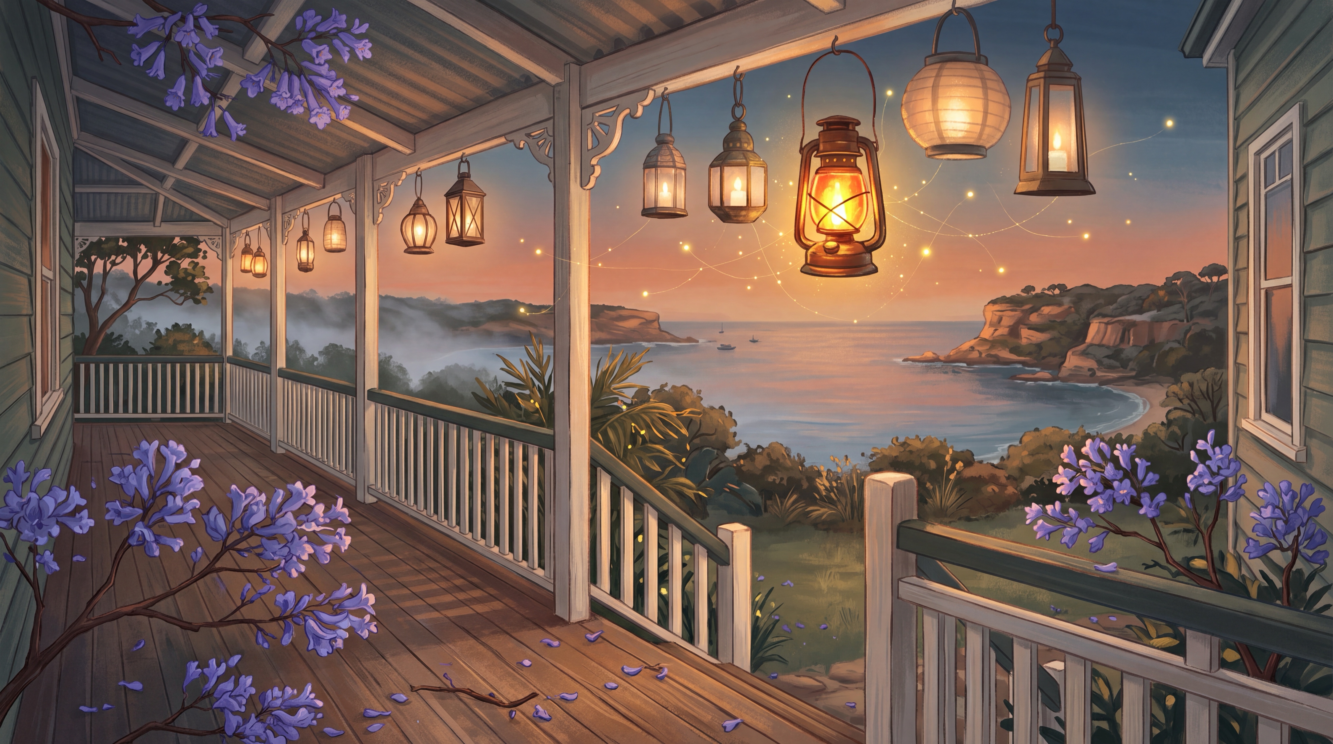 A row of glowing lanterns along a Queenslander verandah at dusk with one burning brighter than the rest, choosing an AI consultant in Sydney