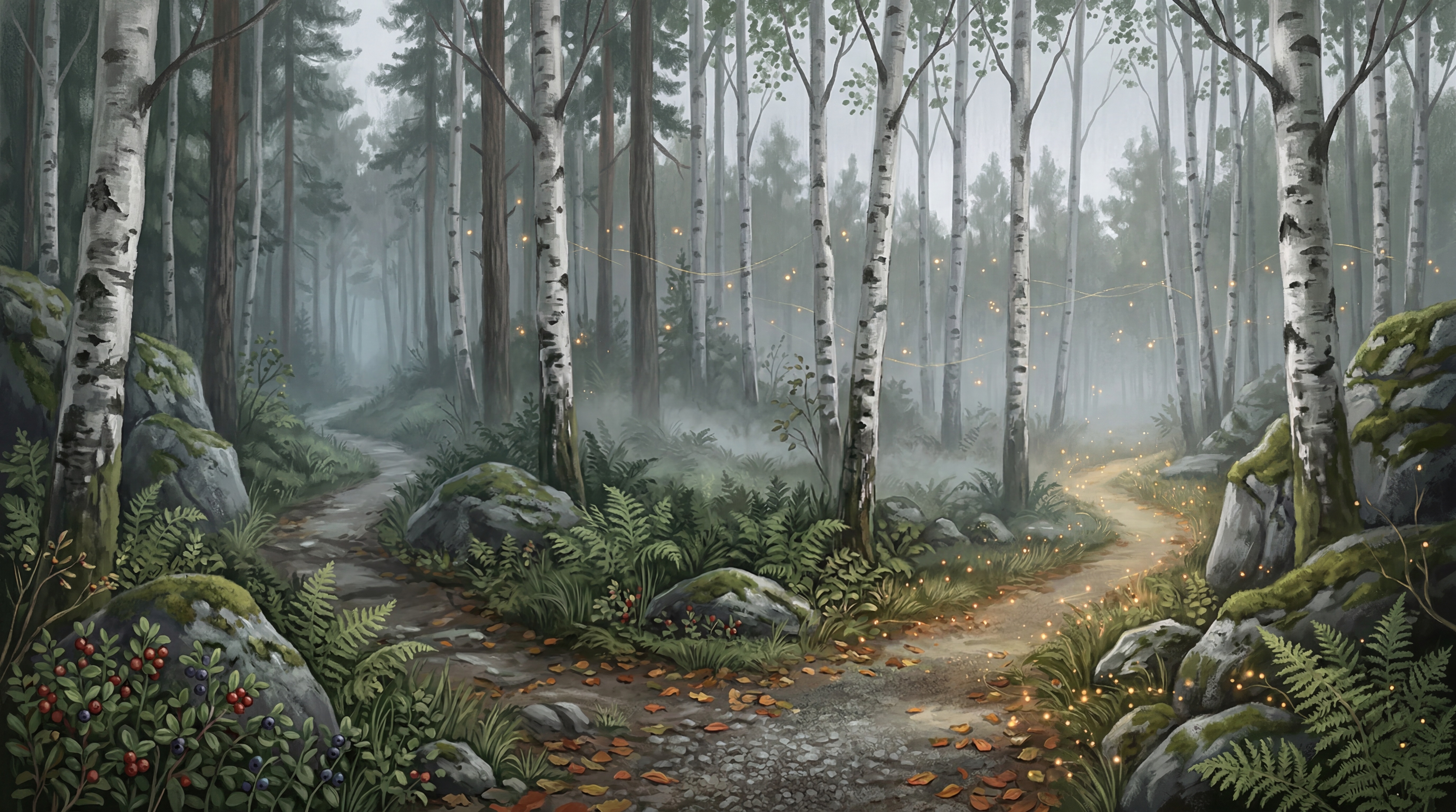 Painterly birch forest with a winding gravel path through ferns and moss covered rocks in soft morning mist, illustrating the route to hire an AI consultant