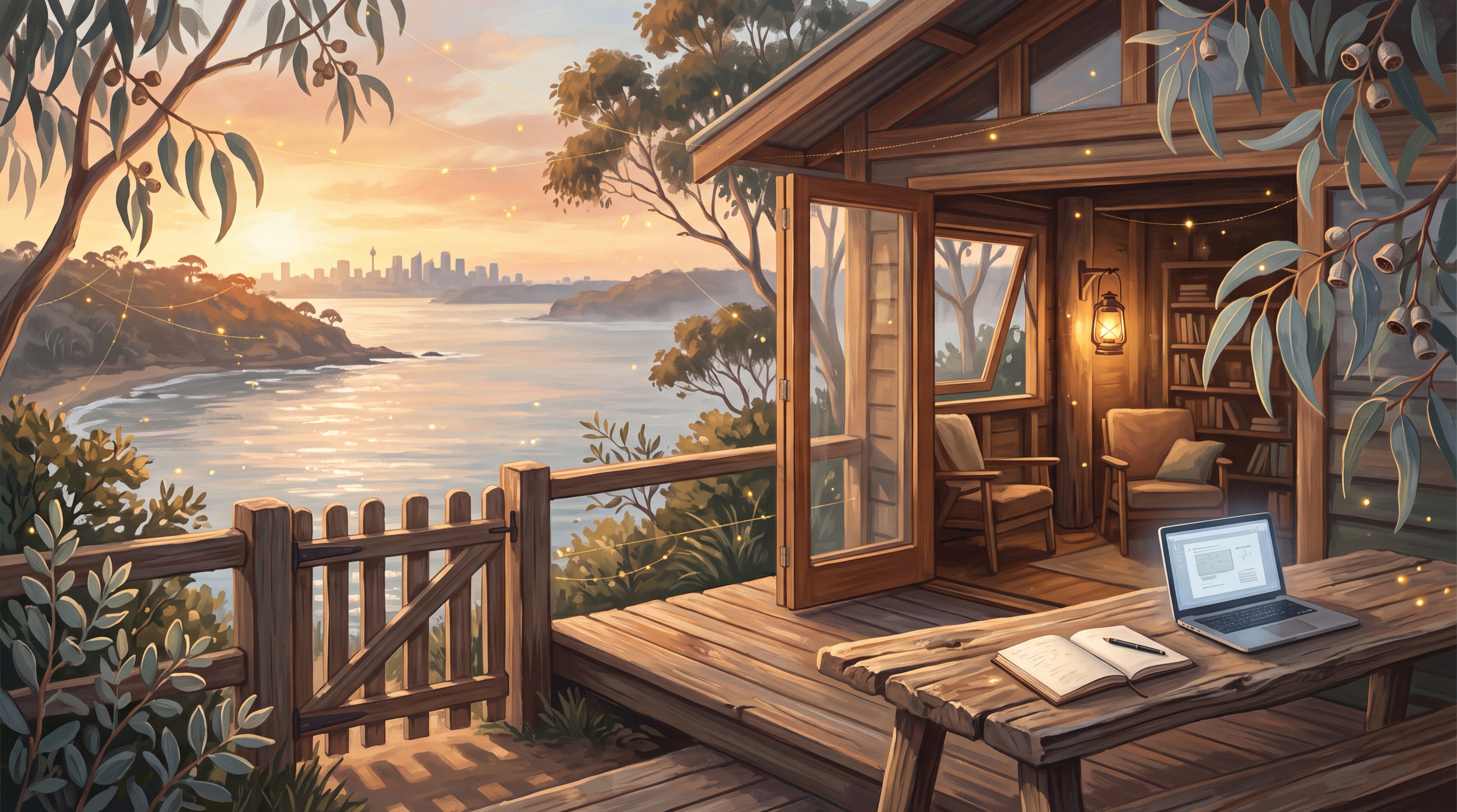 Timber harbourside desk overlooking Sydney Harbour at golden hour, symbolising Claude AI availability for Australian business