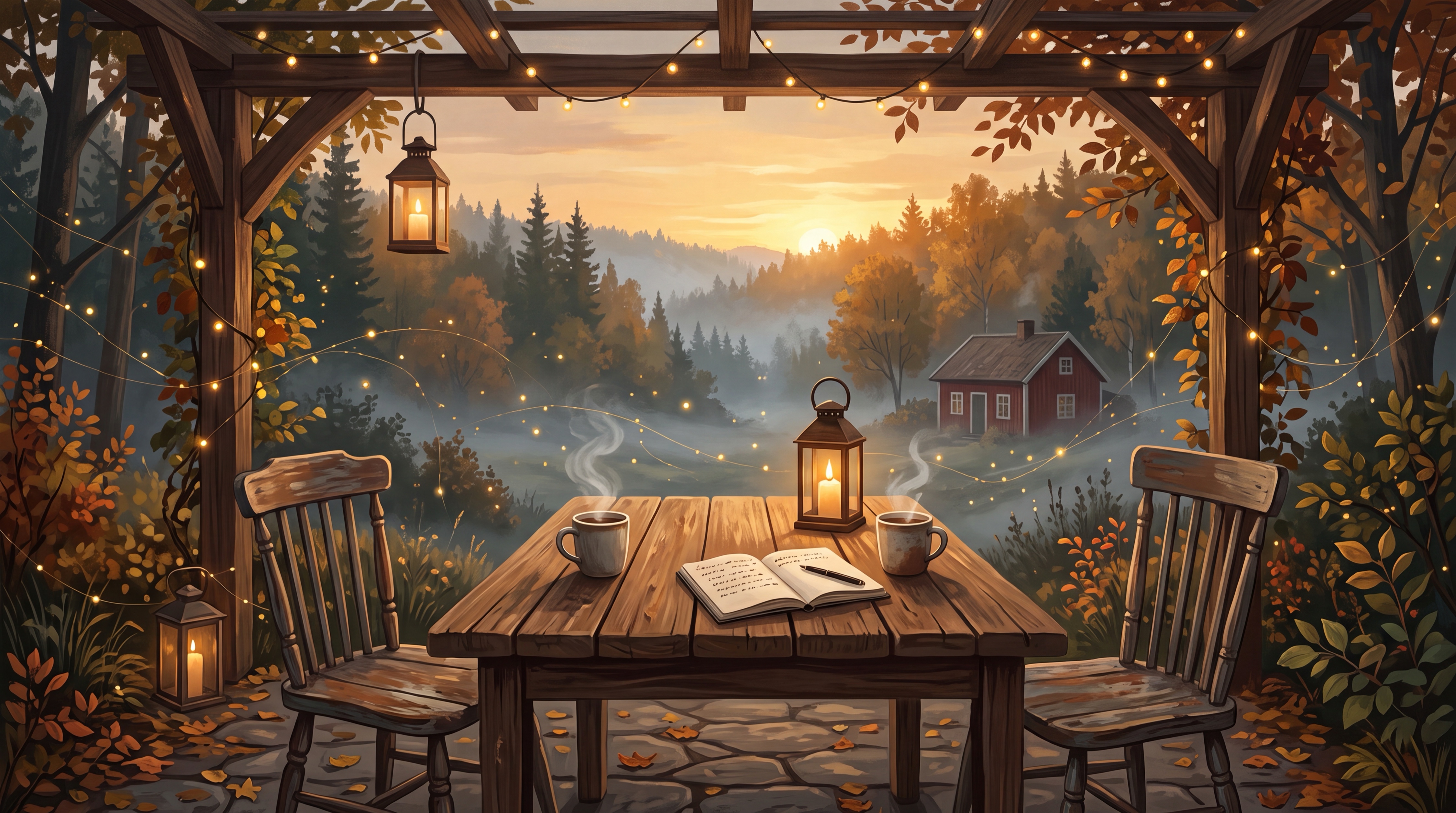 Painterly autumn terrace with two wooden chairs, two steaming mugs and a lantern on a table overlooking a misty valley at sunset, setting up an honest comparison of whether Claude is better than ChatGPT