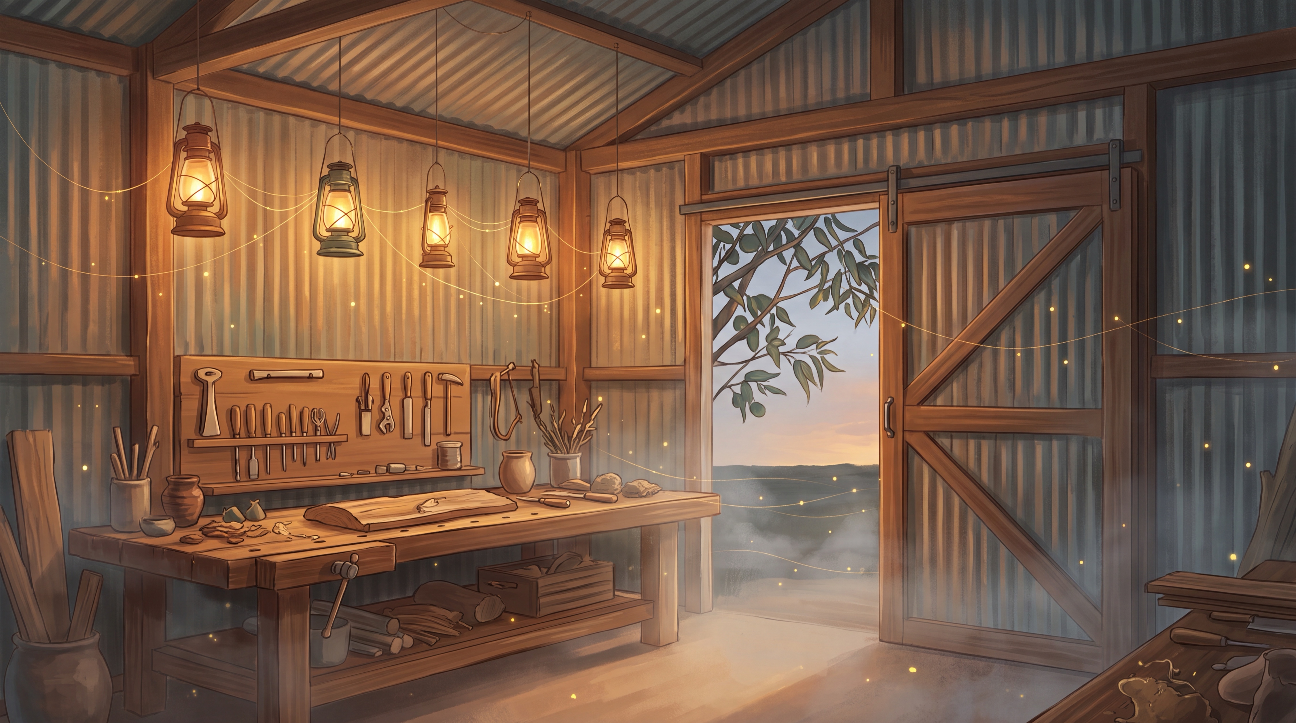 Illustration of an office at dawn where Claude agents work independently at lit desks