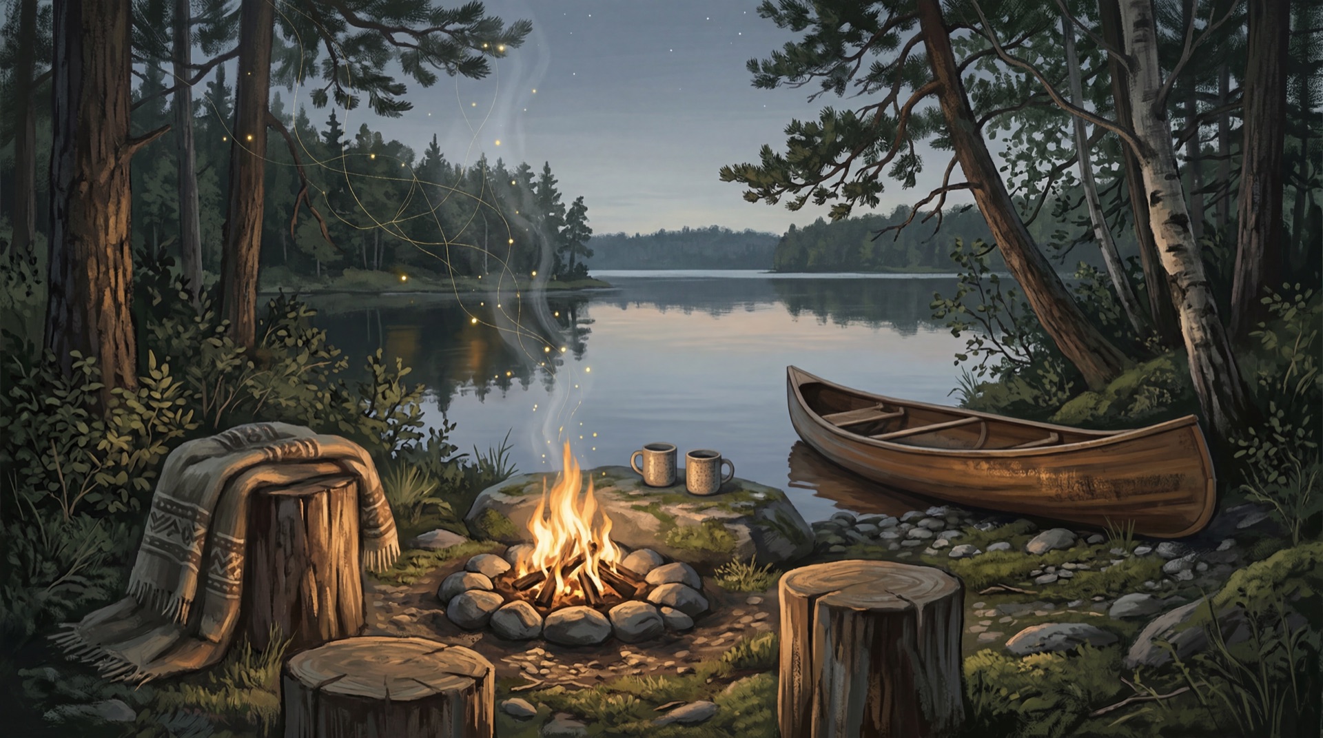 Nordic campfire by a lake at dusk