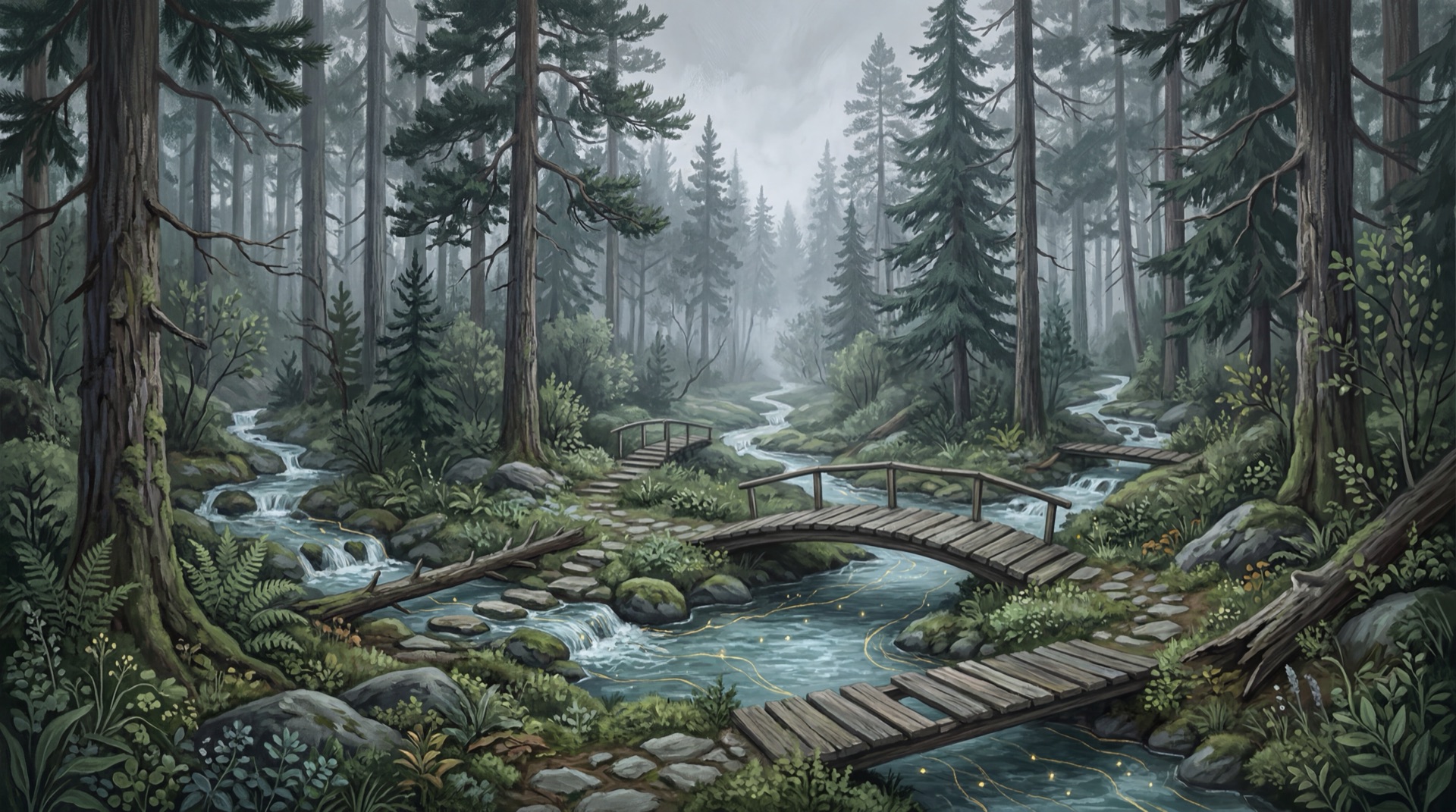 Nordic lake with a wooden bridge between birch forests