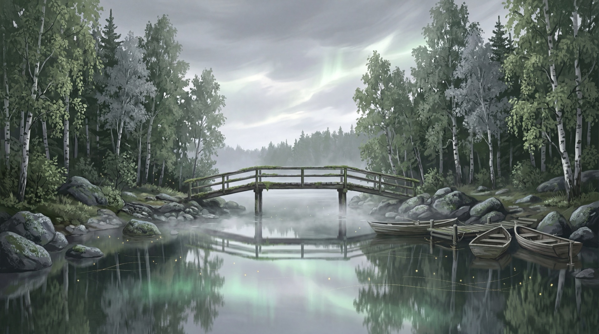 Nordic lake with a wooden bridge between birch forests