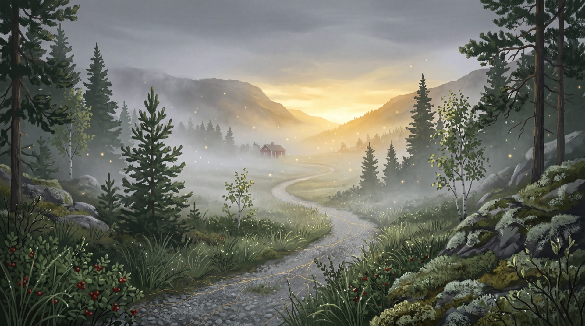 Dawn over a misty valley with a path leading toward the light