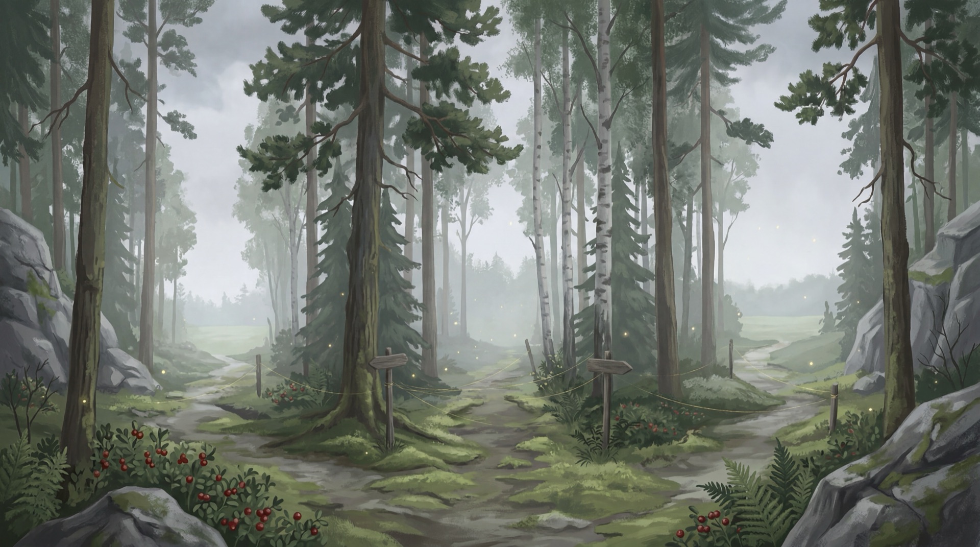 Nordic forest landscape with paths branching in different directions