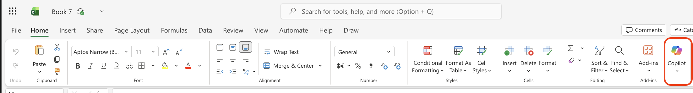 The Copilot button in the Excel ribbon