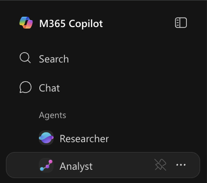 Microsoft 365 Copilot sidebar with Search, Chat and the Researcher and Analyst agents